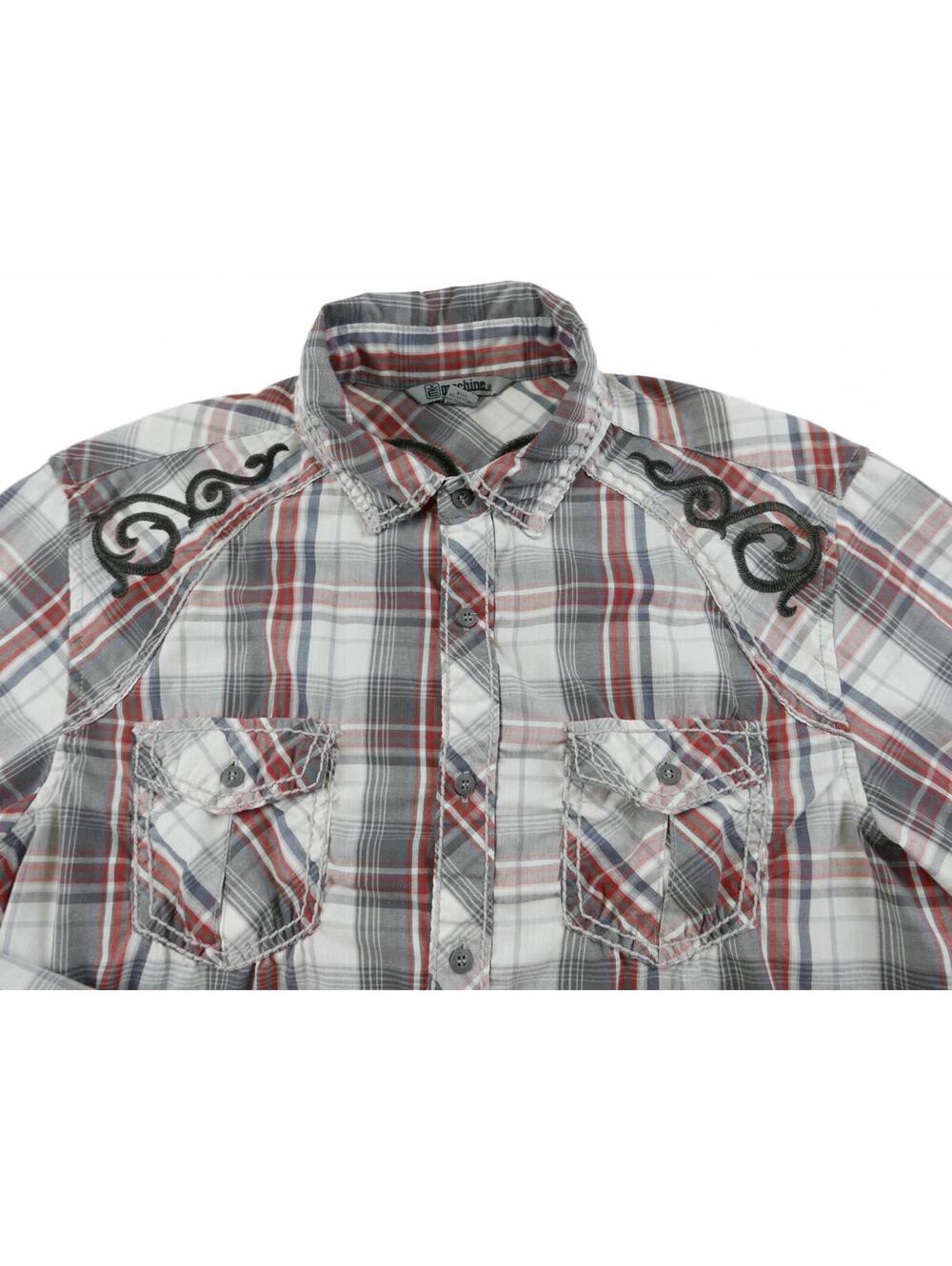 Machine Mens Button Up Red Gray Plaid Western Dress Shirt L